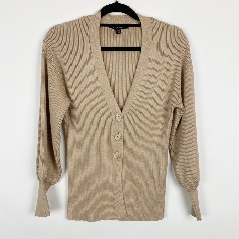 Boston Proper Ribbed Knit V Neck Cardigan Beige Puff Long Sleeve Sweater Women S
